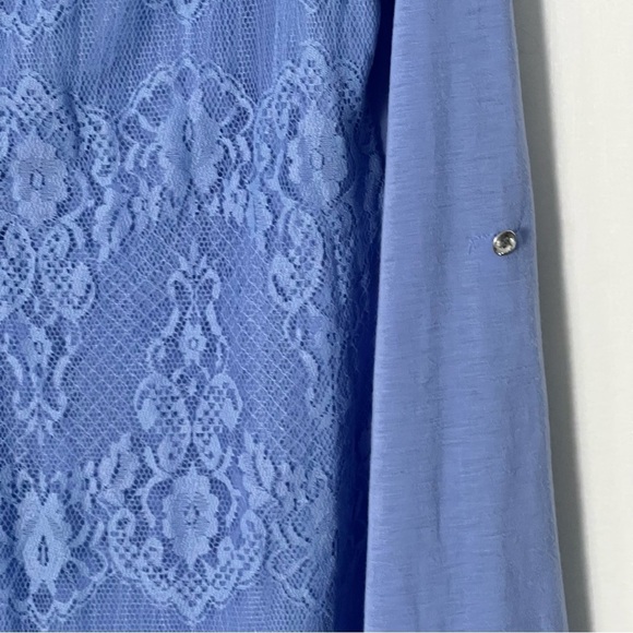 Blue Lace Front Top Size Large Sheer Chiffon Back Button Tab Sleeve Cornflower - Picture 4 of 9